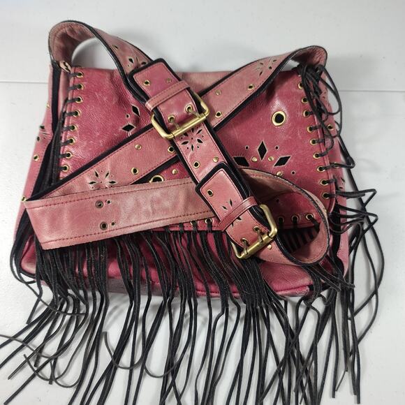 Sharif Studio Red Leather Black Fringe BOHO Hippie Vintage Bag Crossbody Purse - Picture 4 of 7